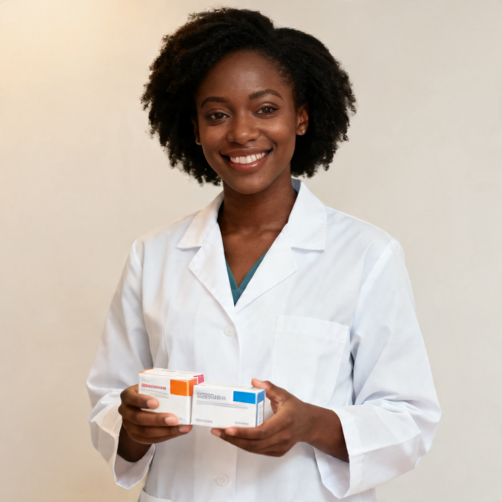 Licensed pharmacist reviewing medications at Matomsy Pharmacy in Benin City